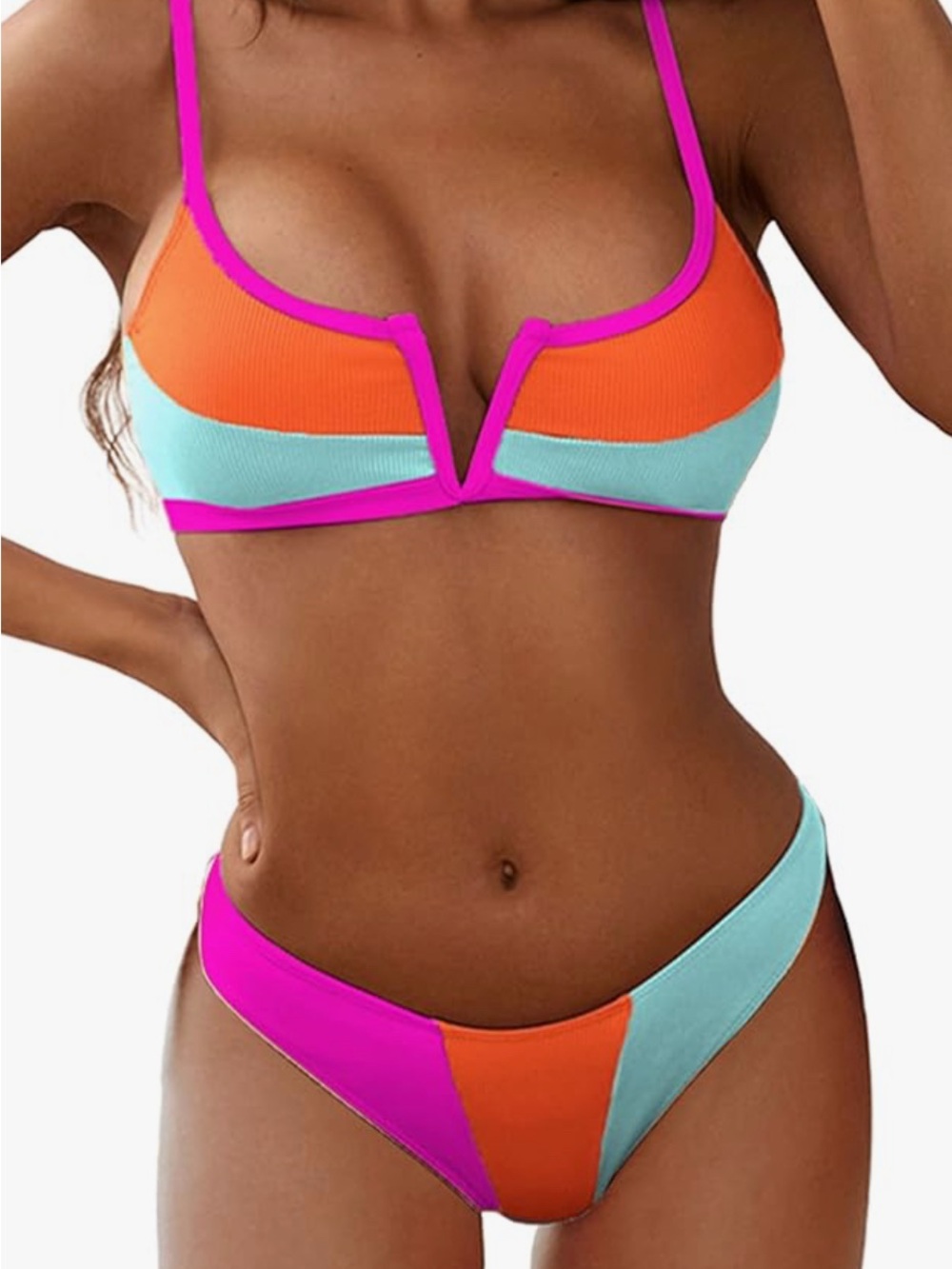 Zaful Orange, Aqua & Pink Colorblock V-Notch Bikini